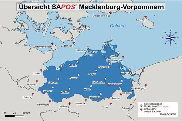 Übersichtskarte MV mit den Referenzstationen des Satellitenpositionierungsdienstes (SAPOS)