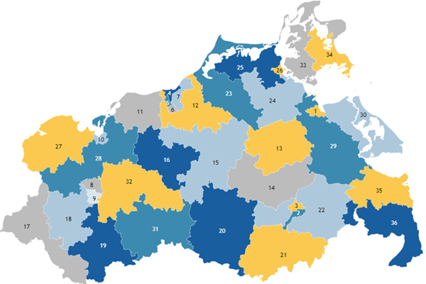  (Kartographische Darstellung der Wahlkreise 1-36 zur Landtagswahl 2021 in Mecklenburg-Vorpommern - öffnet in neuem Fenster)