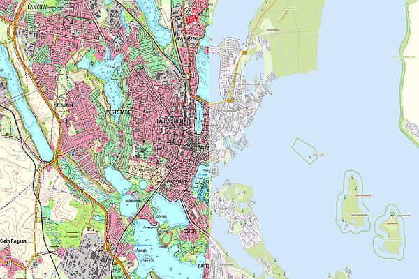 Beispielbild Kombibild basemap.de Raster25 und gleicher Ausschnitt DTK25 © LAiV