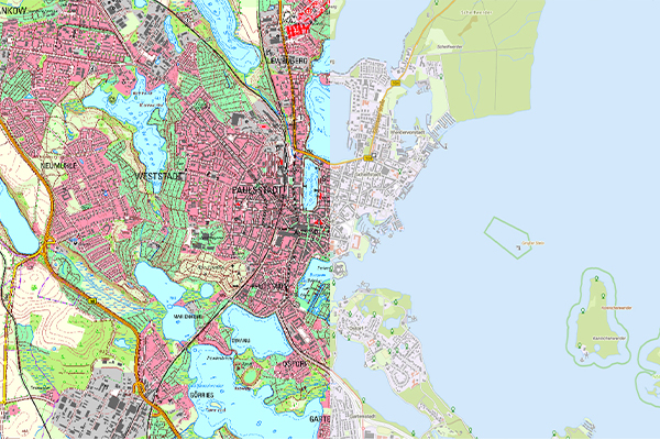 Beispielbild Kombibild basemap.de Raster25 und gleicher Ausschnitt DTK25 © LAiV