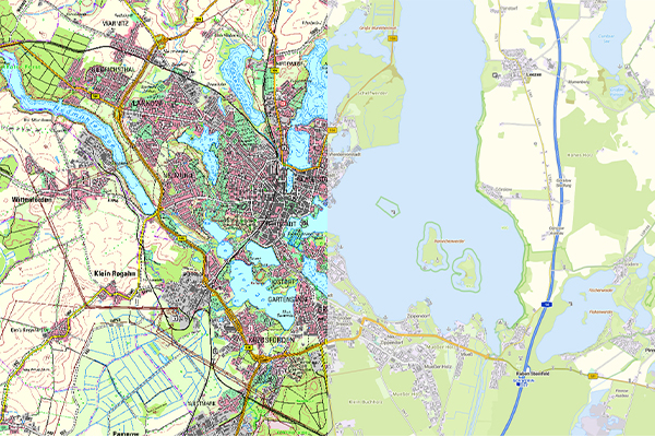 Beispielbild Kombibild basemap.de Raster50 und gleicher Ausschnitt DTK50 © LAiV