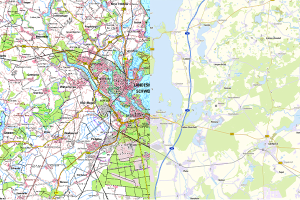 Beispielbild Kombibild basemap.de Raster100 und gleicher Ausschnitt DTK100 © LAiV