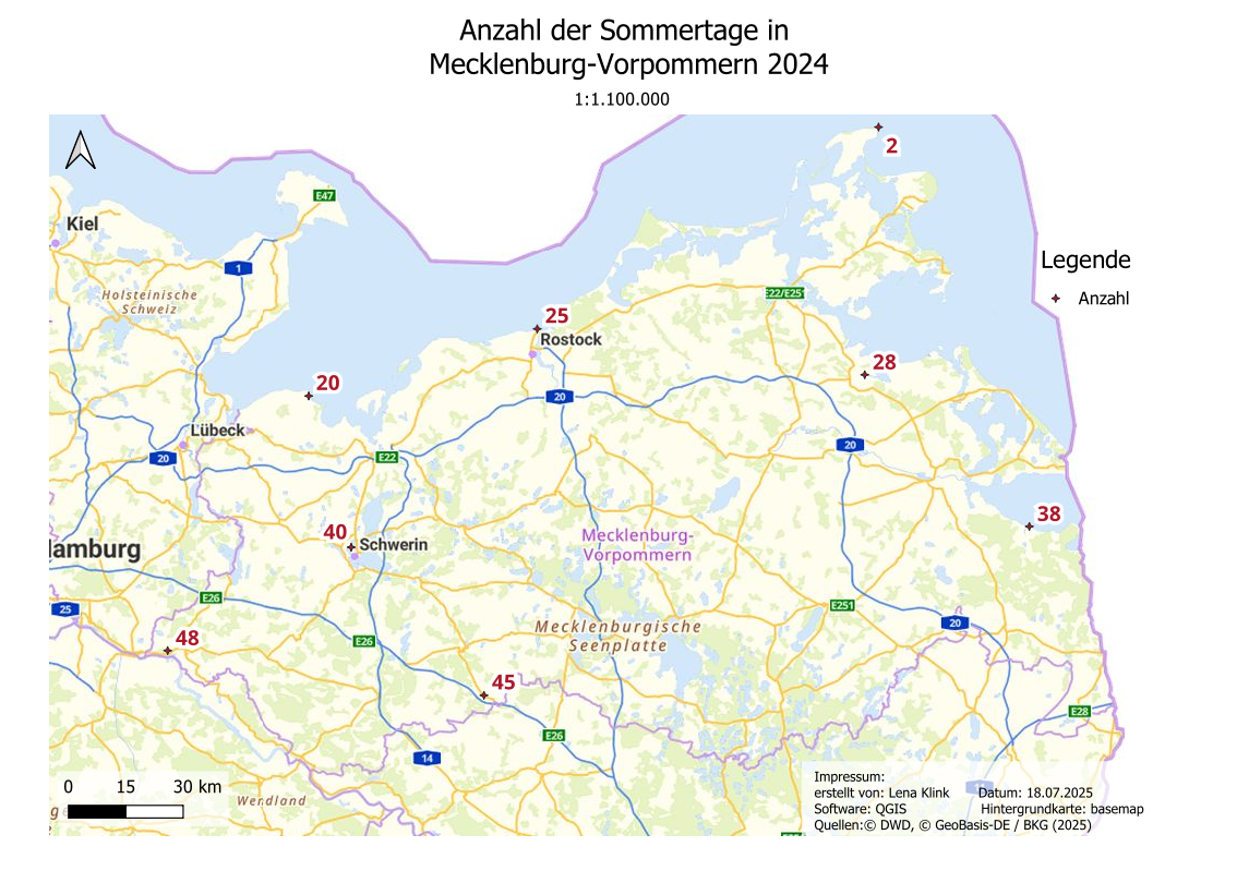 Darstellung Anzahl der Sommertage in M-V 2024 © Geobasis-DE/MV 2025