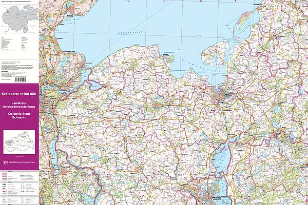Ausschnitt Kreiskarte 1:100 000 Landkreis Nordwestmecklenburg, Kreisfreie Stadt Schwerin © LAiV