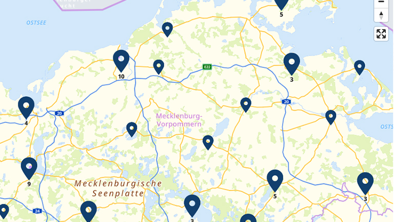 interaktive Karte zu den Standorten der Öffentlich bestellten Vermessungsingenieure in Mecklenburg-Vorpommern (Interner Link: Standorte der ÖbVI in MV © LAiV)