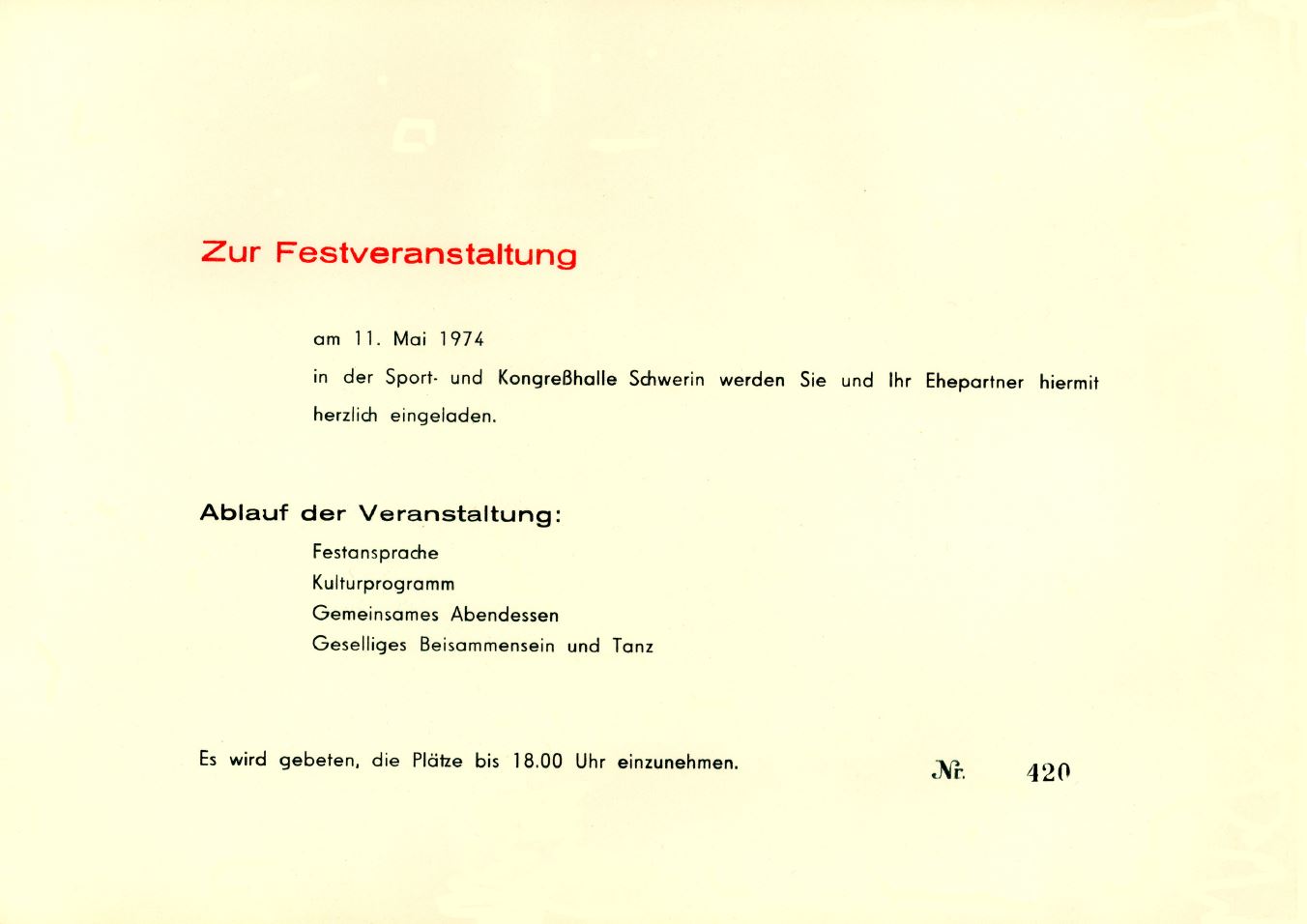 Einladung und Programm zur Einweihung des Haus B. Die Festveranstaltung fand vom 9. bis. 11. Mai 1974 in Schwerin statt. 