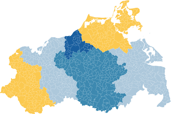  (Wahlkreisbeschreibung und kartographische Abbildung der Gemeinden für die Wahlkreise 12-17 in Mecklenburg-Vorpommern zur Bundestagswahl 2025 - öffnet in neuem Fenster)