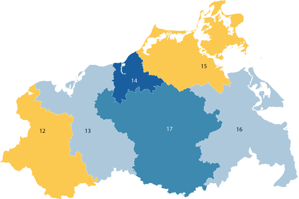  (Kartographische Darstellung der Wahlkreise 12-17 in Mecklenburg-Vorpommern zur Bundestagswahl 2025 - öffnet in neuem Fenster)